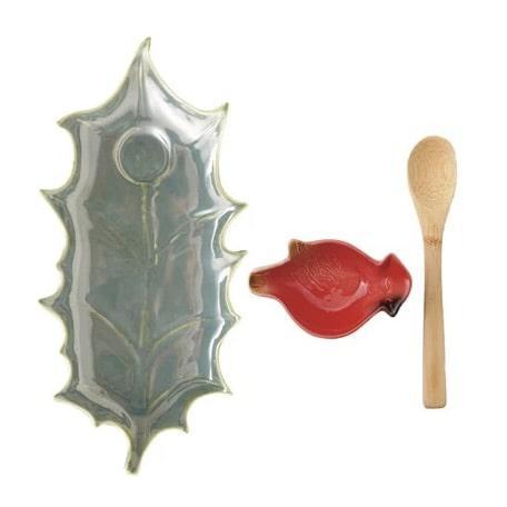 Holly Leaf Plate & Cardinal Spoon Rest Set