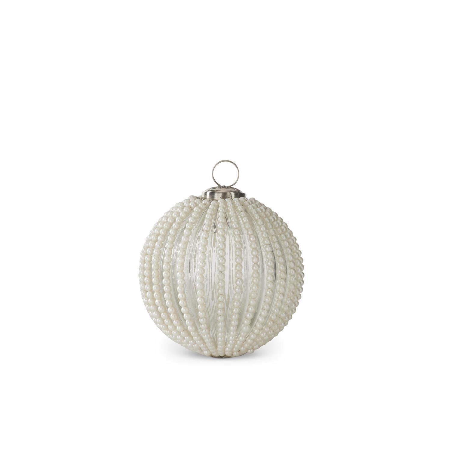 Clear Glass Ornament with Wired White Beaded Stripes