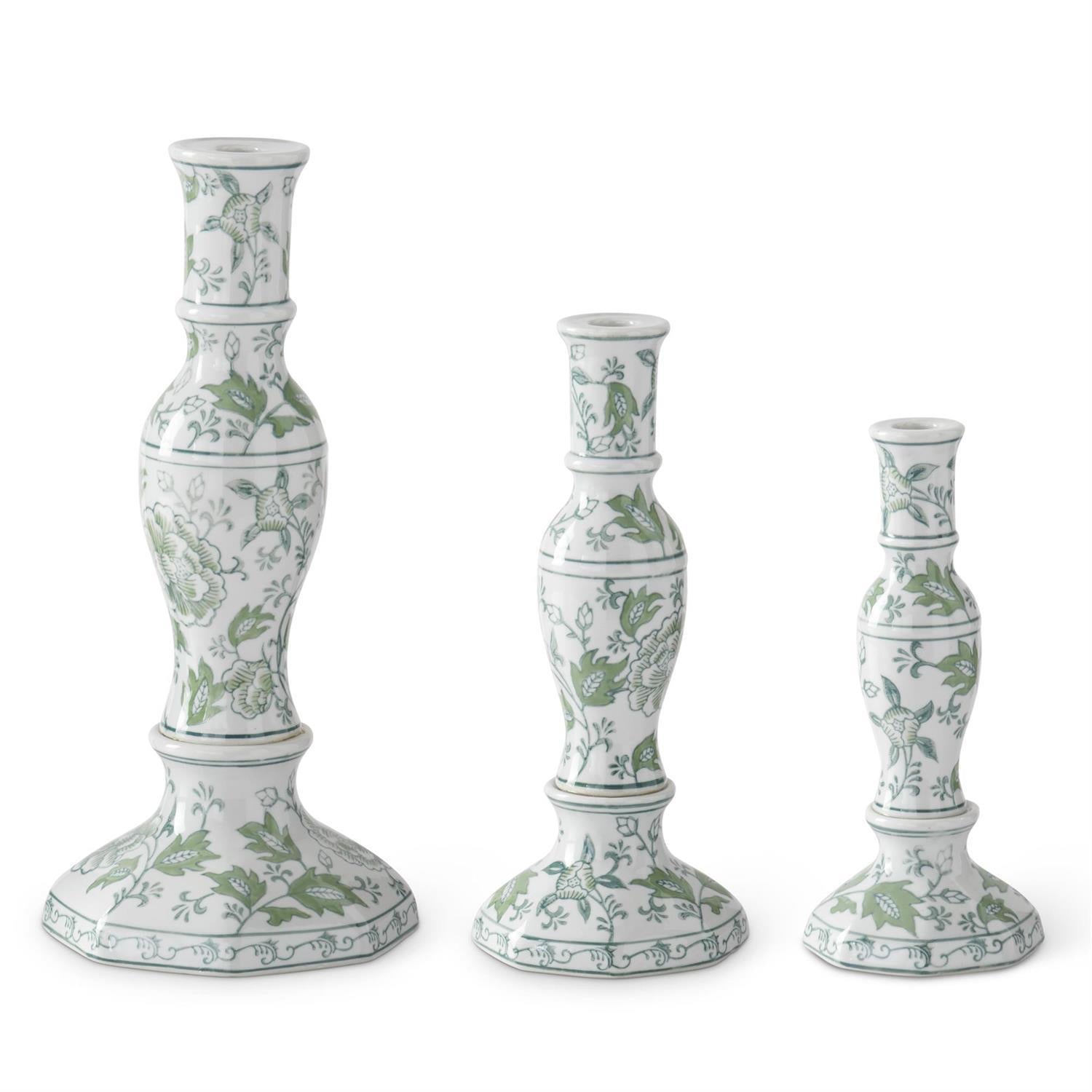 Green & White Floral Taper Candleholder