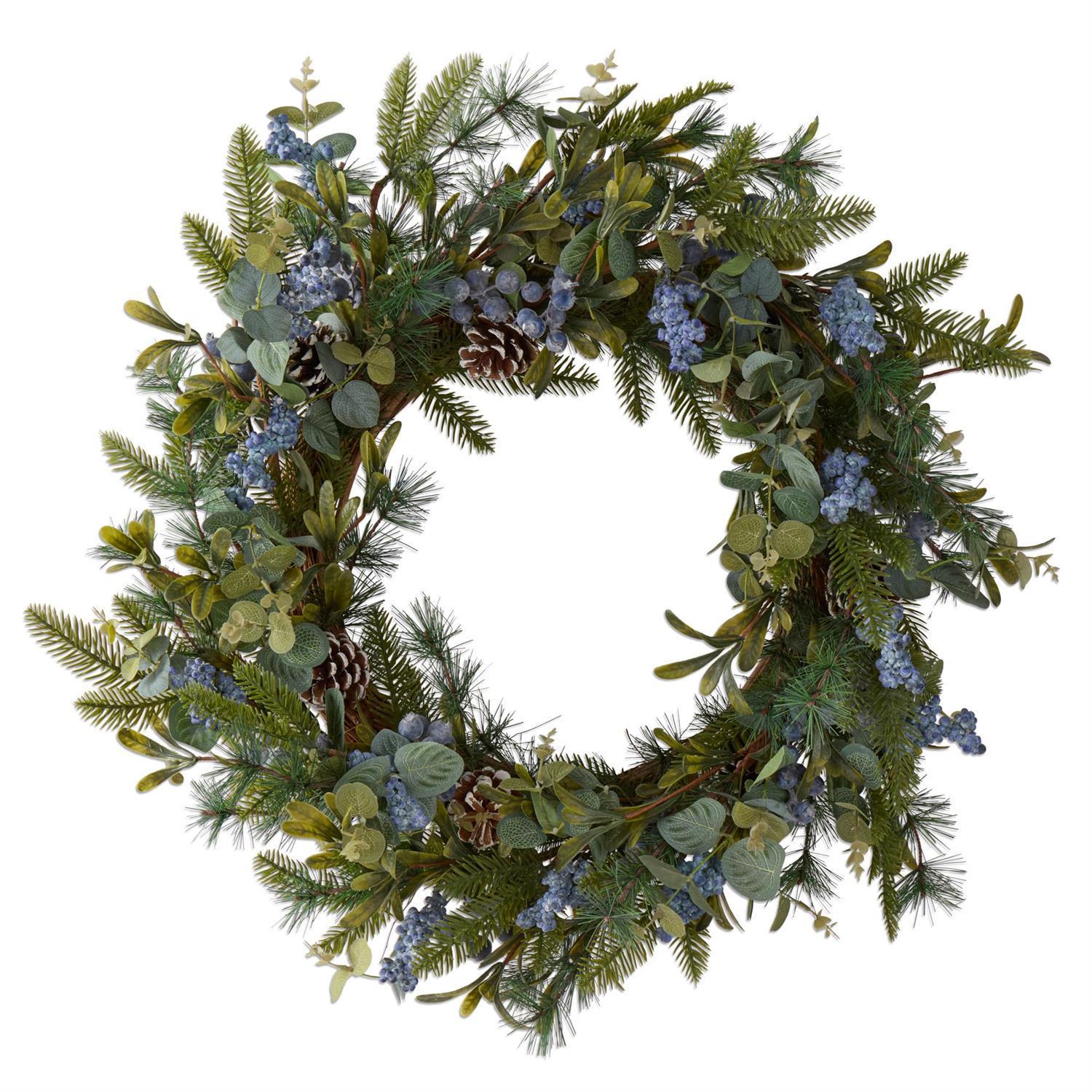 Pine & Green Leaf Wreath with Pinecones & Blue Berries