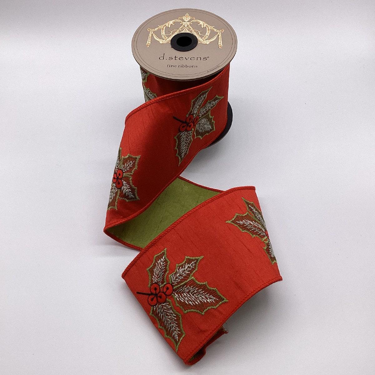 Green Back & Red Dupion with Holly Embroidery Ribbon