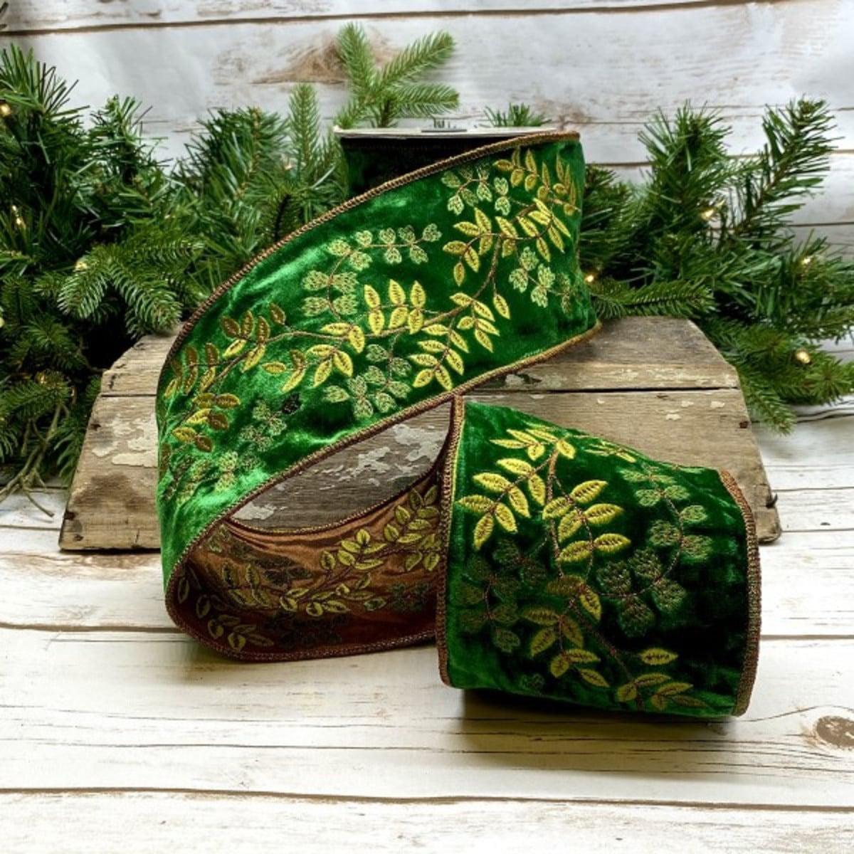 Green Faux Dupion Embroidery Butterfly Vine Ribbon