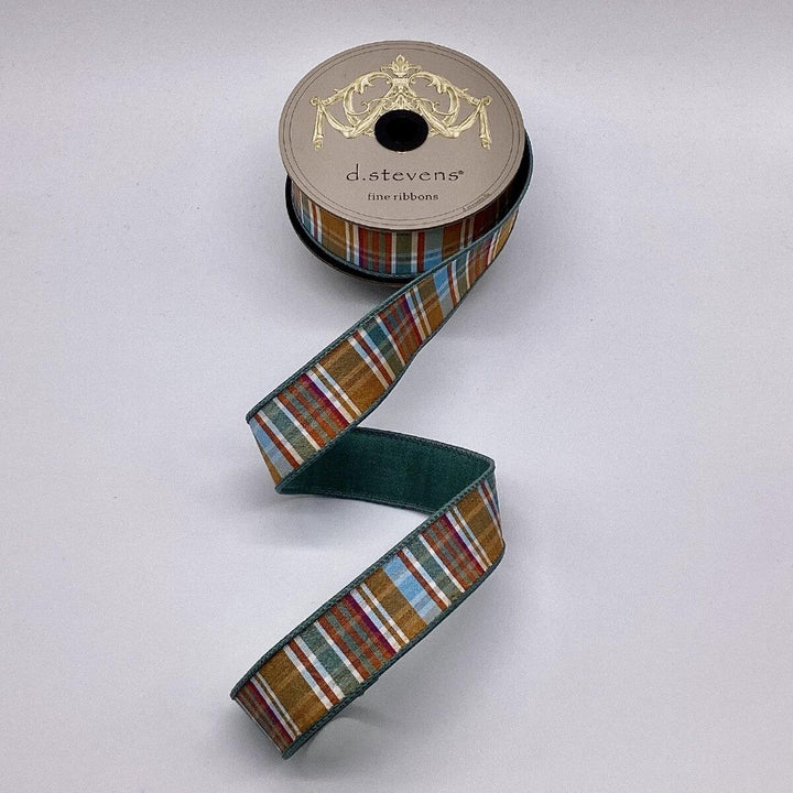 Brown-Celadon Dupion Fused Plaid Ribbon