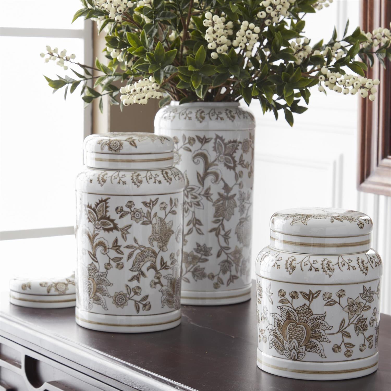 Taupe & White Chinoiserie Lidded Jar