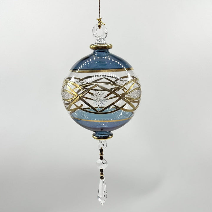 Blue Etched Ornament with Crystal Dangle