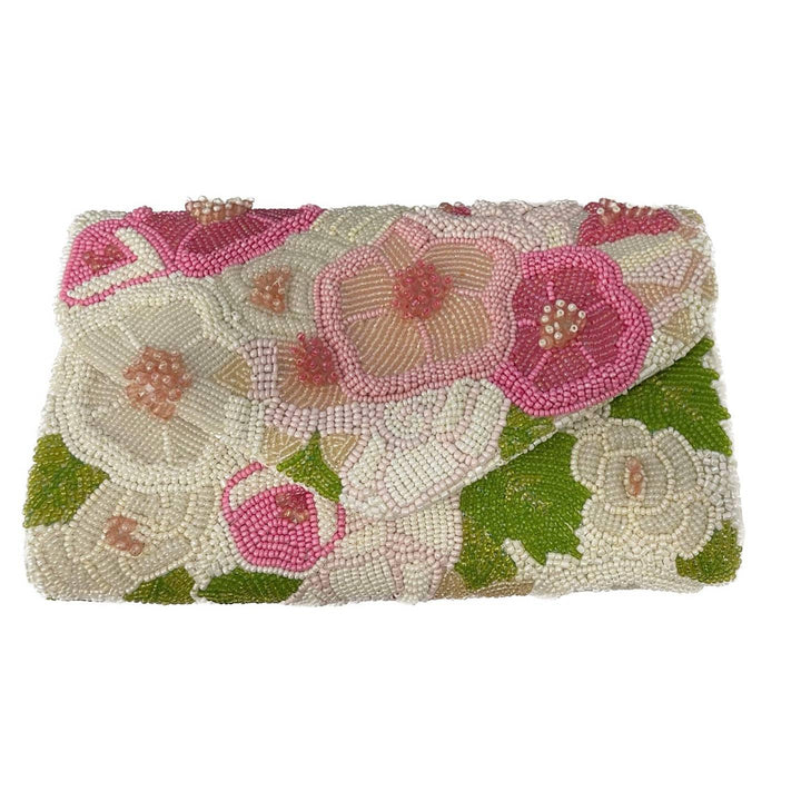 White & Pink Raised Flowers Beaded Envelope Clutch