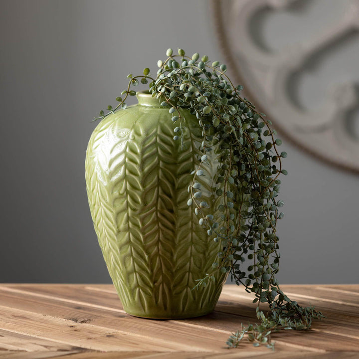 Embossed Green Leaf Vase