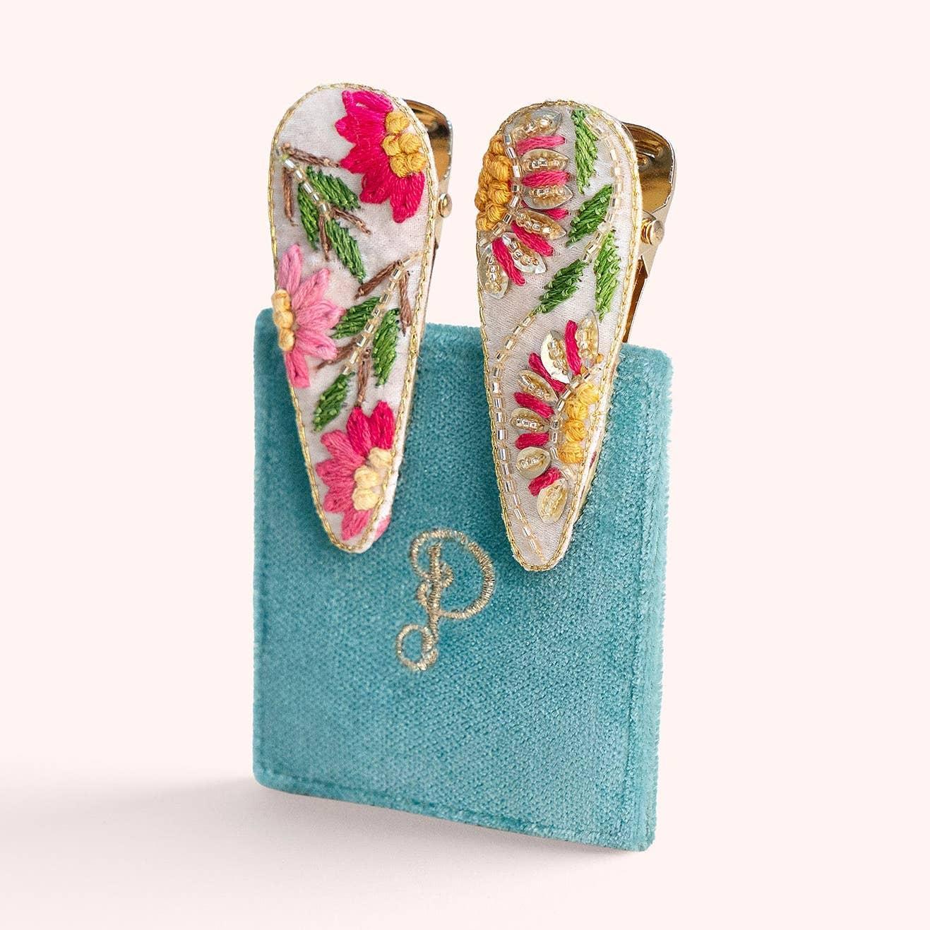 Cream Flora Jeweled Hair Clips