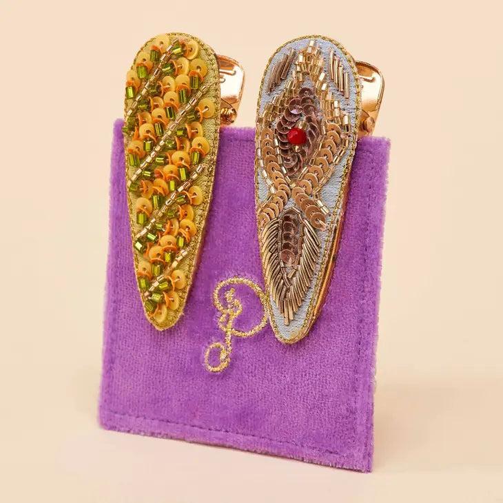 Feather & Stripe Jeweled Hair Clips