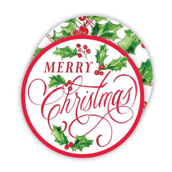Merry Christmas with Holly and Berries Paper Coaster