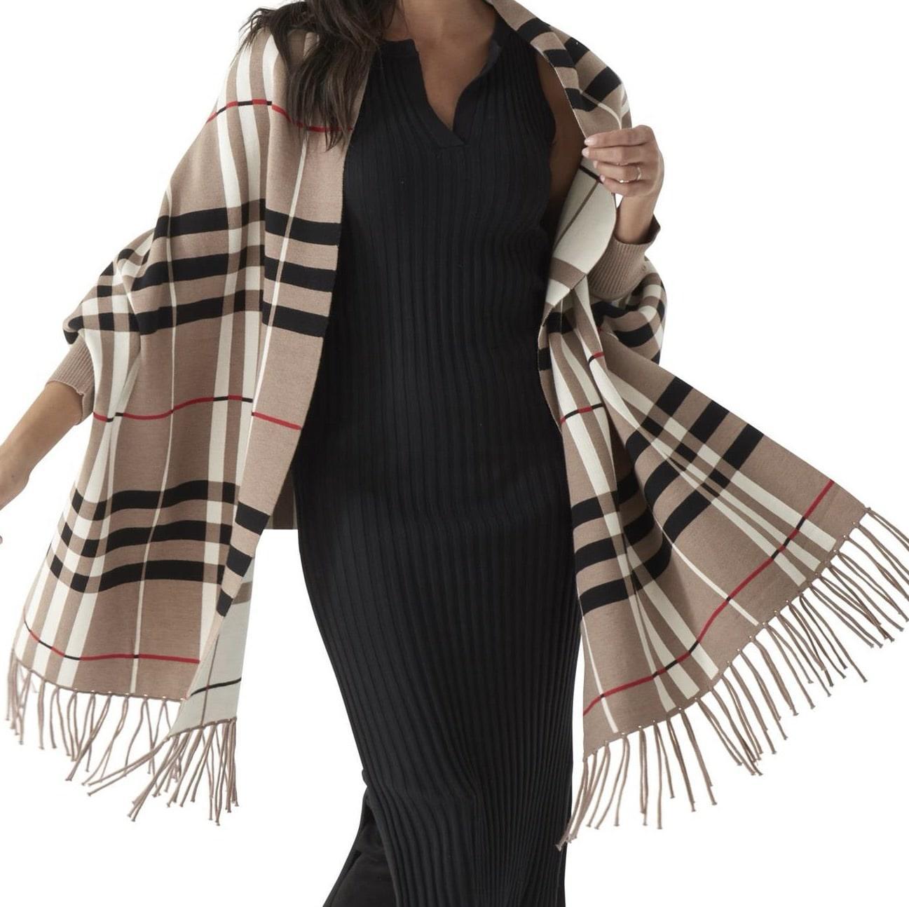Taupe & Cream Black Plaid Wrap