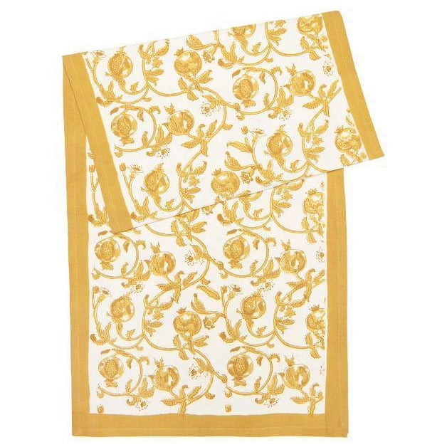  intertwined floral pattern with mustard-colored pomegranates atop a white background.