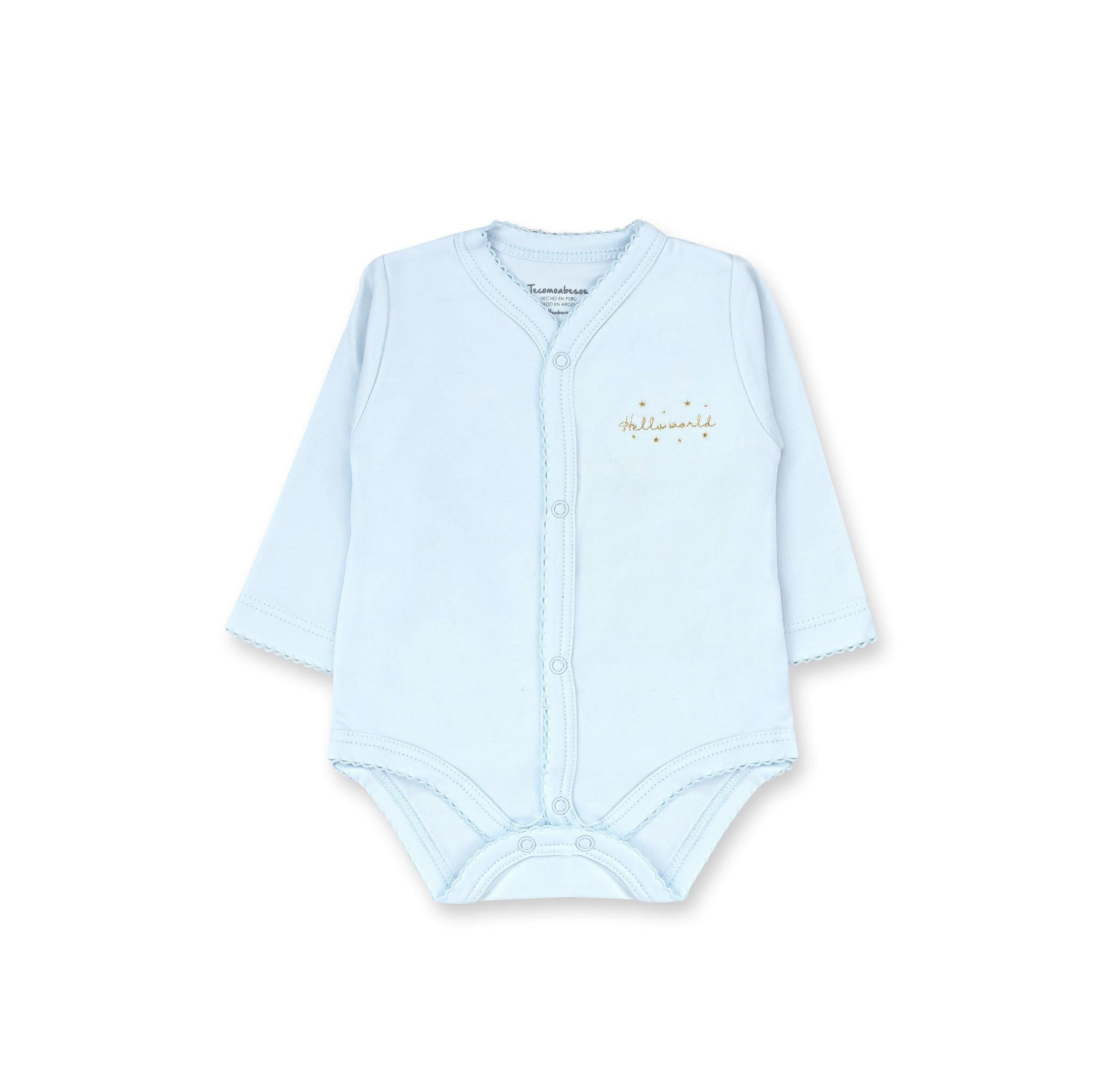 Blue Hello World Long Sleeve Snapped Bodysuit