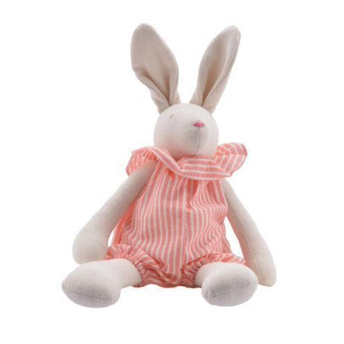 Natural white cotton plush rabbit wearing pink and white striped romper.