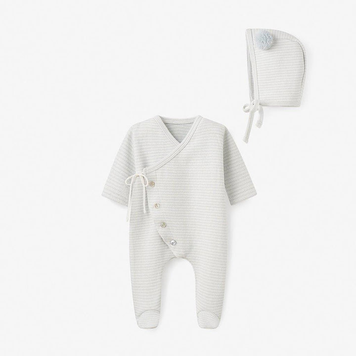 Pale Blue Stripe Cotton Knit Kimono Jumpsuit + Bonnet Set