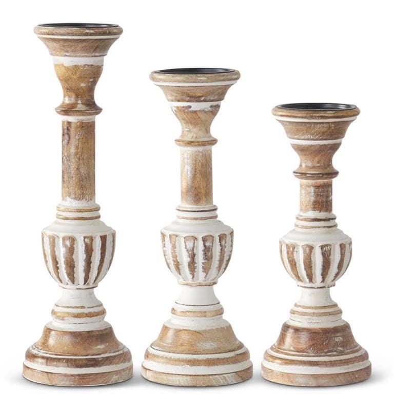 Whitewashed Carved Mango Wood Candleholder