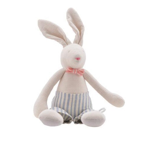 15 inch tall natural white stuffed rabbit wearing blue and white striped muzlan pants and pink and white striped bowtie. 